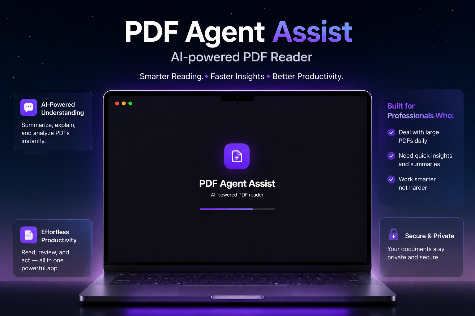 PDF Agent Assist Application Interface PDF Agent Assist main interface - dual-pane PDF reader with AI assistant sidebar showing chat and quick action prompts