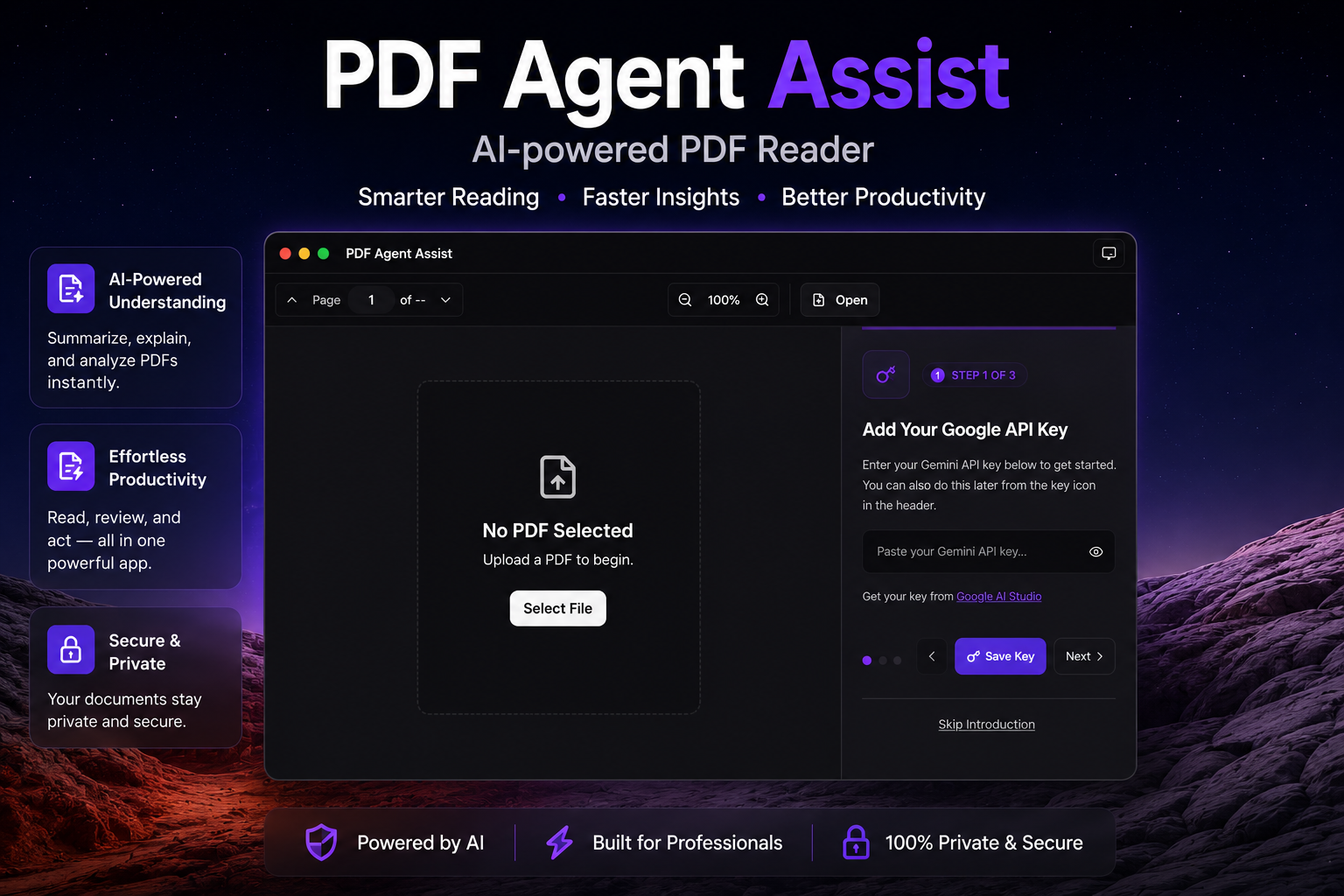 Add Your AI Model Step 1: API configuration screen showing Gemini API key input field for PDF Agent Assist